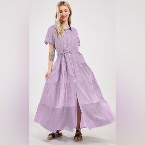 utcoco Womens Short Sleeve Ruffled Striped Maxi Shirt Dress